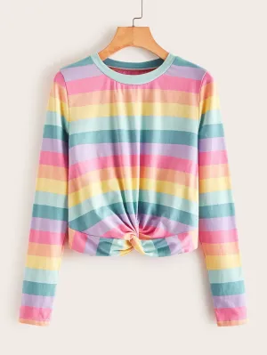 Rainbow Stripe Twist Hem Tee