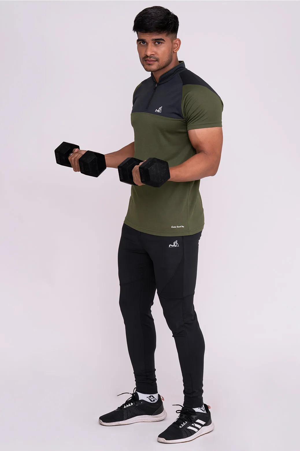 Stand Neck Semi Collar T-Shirts Mehandi Charcoal (D)