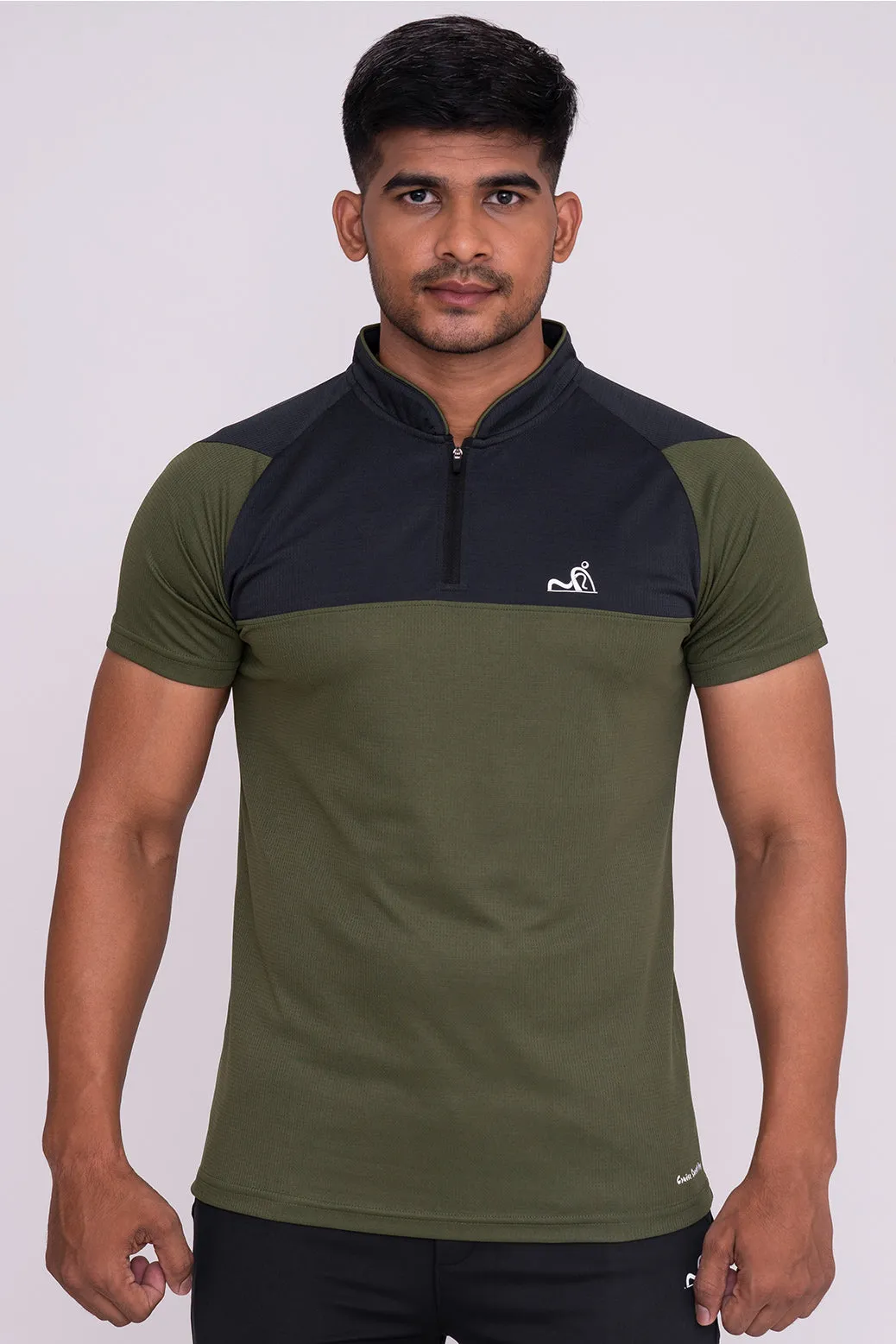 Stand Neck Semi Collar T-Shirts Mehandi Charcoal (D)