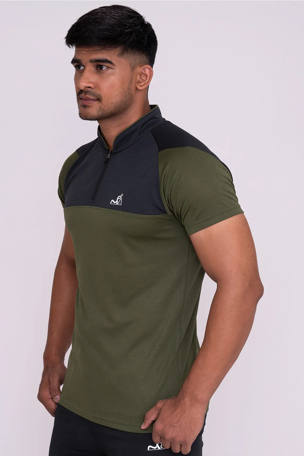 Stand Neck Semi Collar T-Shirts Mehandi Charcoal (D)