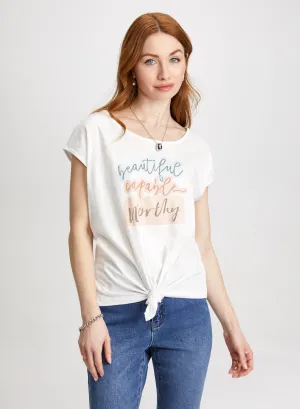 Tie Detail Slogan T-Shirt