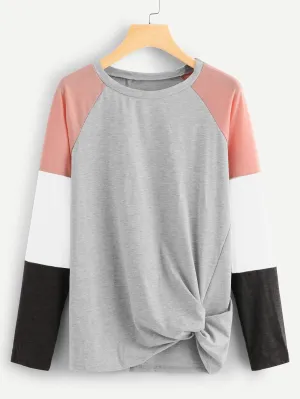 Twist Hem Colorblock Sleeve Tee