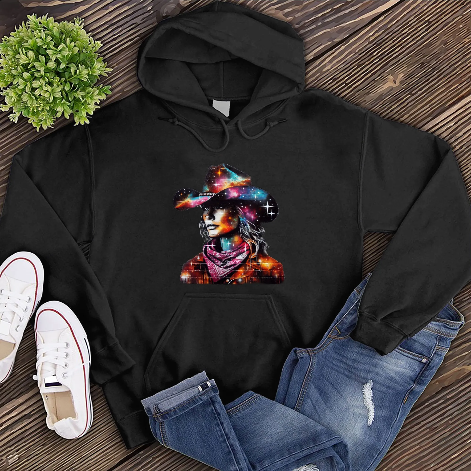 Whimsical Cosmic Cowgirl Hoodie