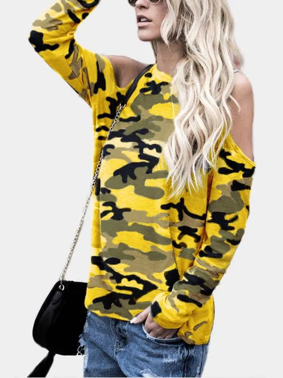 Wholesale Round Neck Cold Shoulder Camouflage Long Sleeve T-Shirts