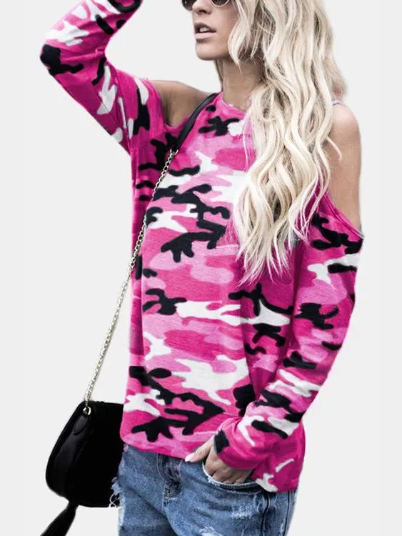 Wholesale Round Neck Cold Shoulder Camouflage Long Sleeve T-Shirts