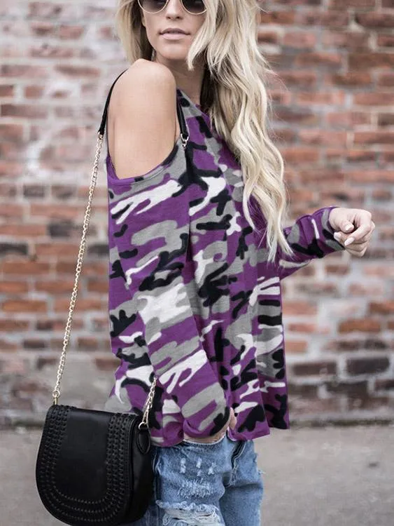 Wholesale Round Neck Cold Shoulder Camouflage Long Sleeve T-Shirts