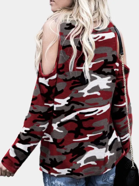 Wholesale Round Neck Cold Shoulder Camouflage Long Sleeve T-Shirts
