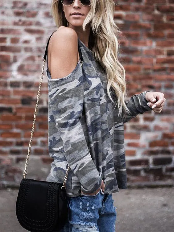 Wholesale Round Neck Cold Shoulder Camouflage Long Sleeve T-Shirts