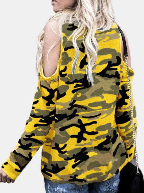 Wholesale Round Neck Cold Shoulder Camouflage Long Sleeve T-Shirts