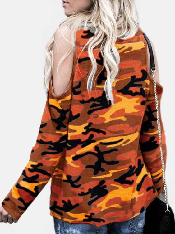 Wholesale Round Neck Cold Shoulder Camouflage Long Sleeve T-Shirts
