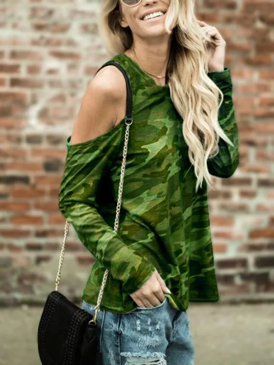 Wholesale Round Neck Cold Shoulder Camouflage Long Sleeve T-Shirts