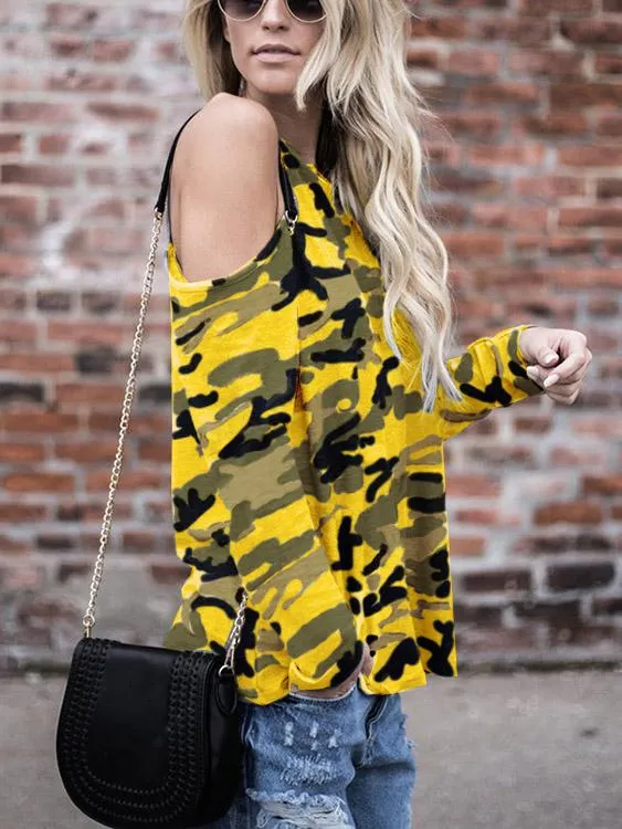 Wholesale Round Neck Cold Shoulder Camouflage Long Sleeve T-Shirts
