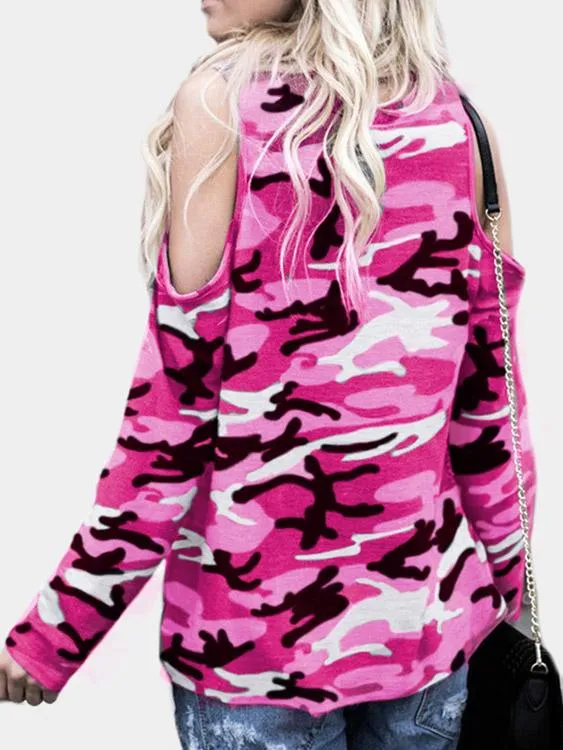 Wholesale Round Neck Cold Shoulder Camouflage Long Sleeve T-Shirts