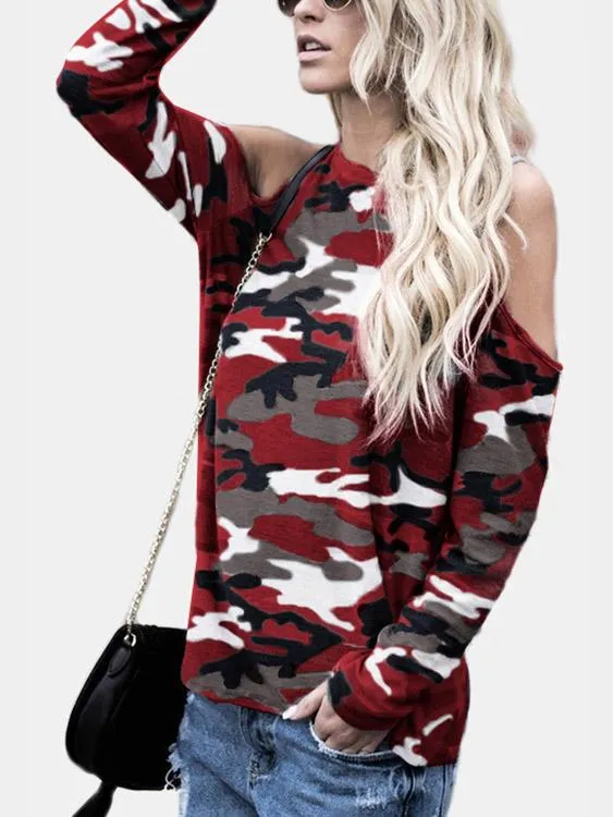 Wholesale Round Neck Cold Shoulder Camouflage Long Sleeve T-Shirts