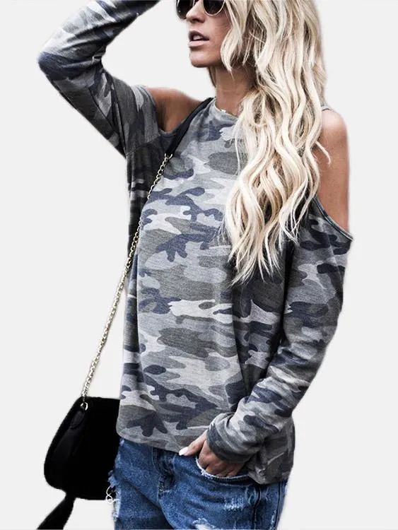 Wholesale Round Neck Cold Shoulder Camouflage Long Sleeve T-Shirts