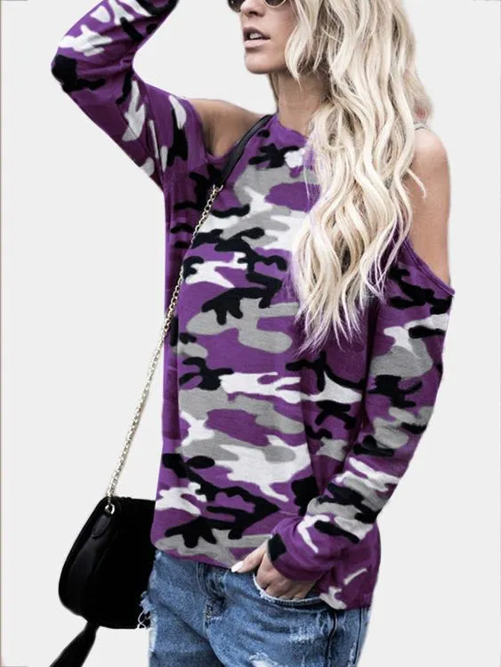 Wholesale Round Neck Cold Shoulder Camouflage Long Sleeve T-Shirts