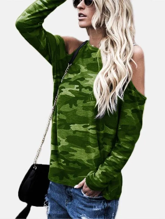 Wholesale Round Neck Cold Shoulder Camouflage Long Sleeve T-Shirts