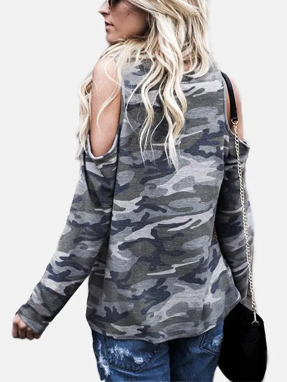 Wholesale Round Neck Cold Shoulder Camouflage Long Sleeve T-Shirts