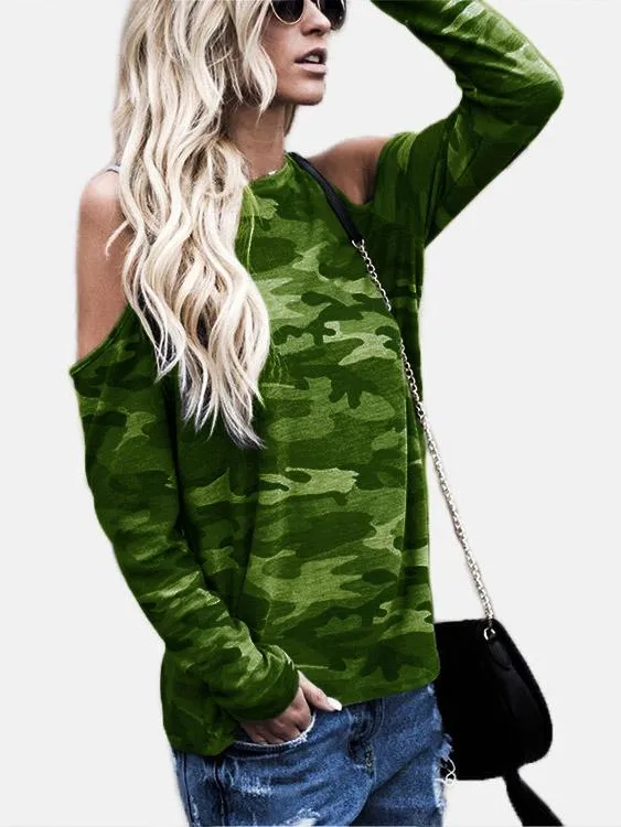 Wholesale Round Neck Cold Shoulder Camouflage Long Sleeve T-Shirts