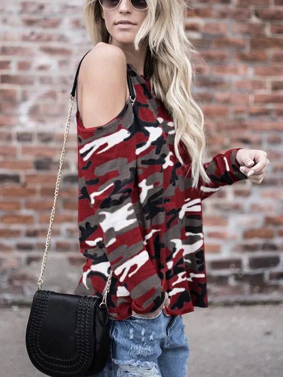 Wholesale Round Neck Cold Shoulder Camouflage Long Sleeve T-Shirts