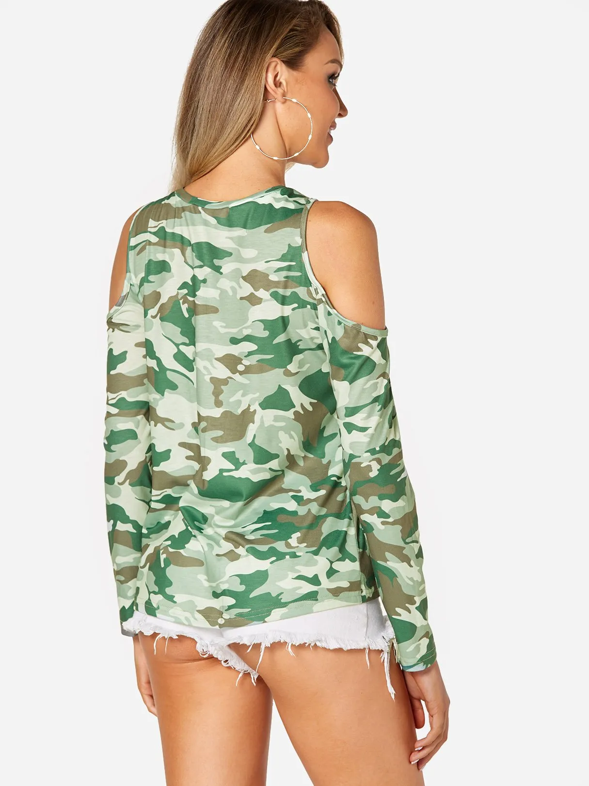 Wholesale Round Neck Cold Shoulder Camouflage Long Sleeve T-Shirts
