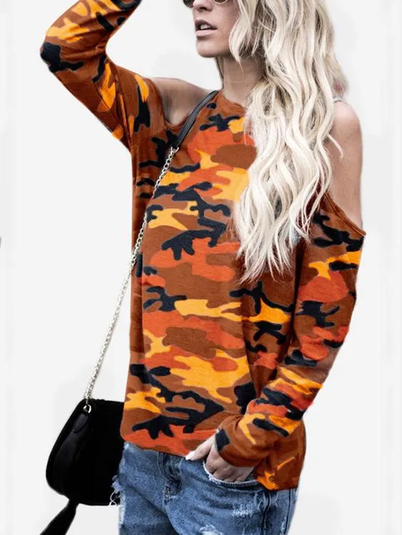 Wholesale Round Neck Cold Shoulder Camouflage Long Sleeve T-Shirts
