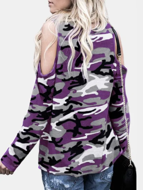Wholesale Round Neck Cold Shoulder Camouflage Long Sleeve T-Shirts