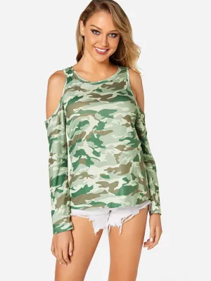 Wholesale Round Neck Cold Shoulder Camouflage Long Sleeve T-Shirts