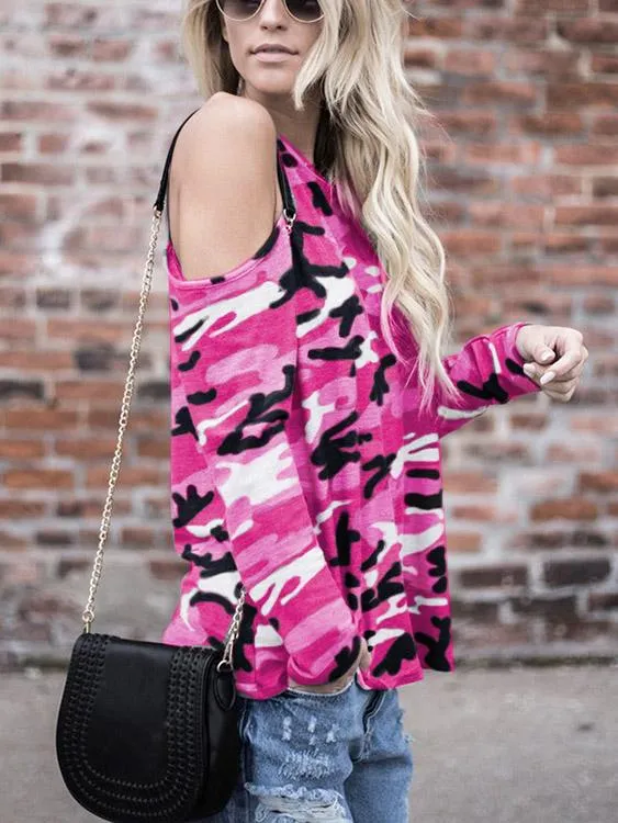 Wholesale Round Neck Cold Shoulder Camouflage Long Sleeve T-Shirts