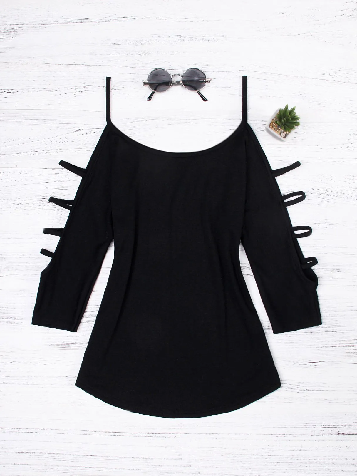 Wholesale Round Neck Cold Shoulder Plain Lace-Up Cut Out 3/4 Length Sleeve T-Shirts
