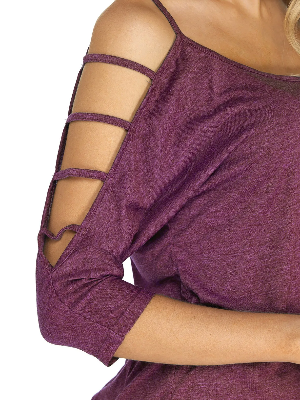 Wholesale Round Neck Cold Shoulder Plain Lace-Up Cut Out 3/4 Length Sleeve T-Shirts