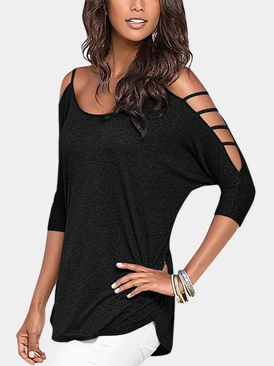 Wholesale Round Neck Cold Shoulder Plain Lace-Up Cut Out 3/4 Length Sleeve T-Shirts