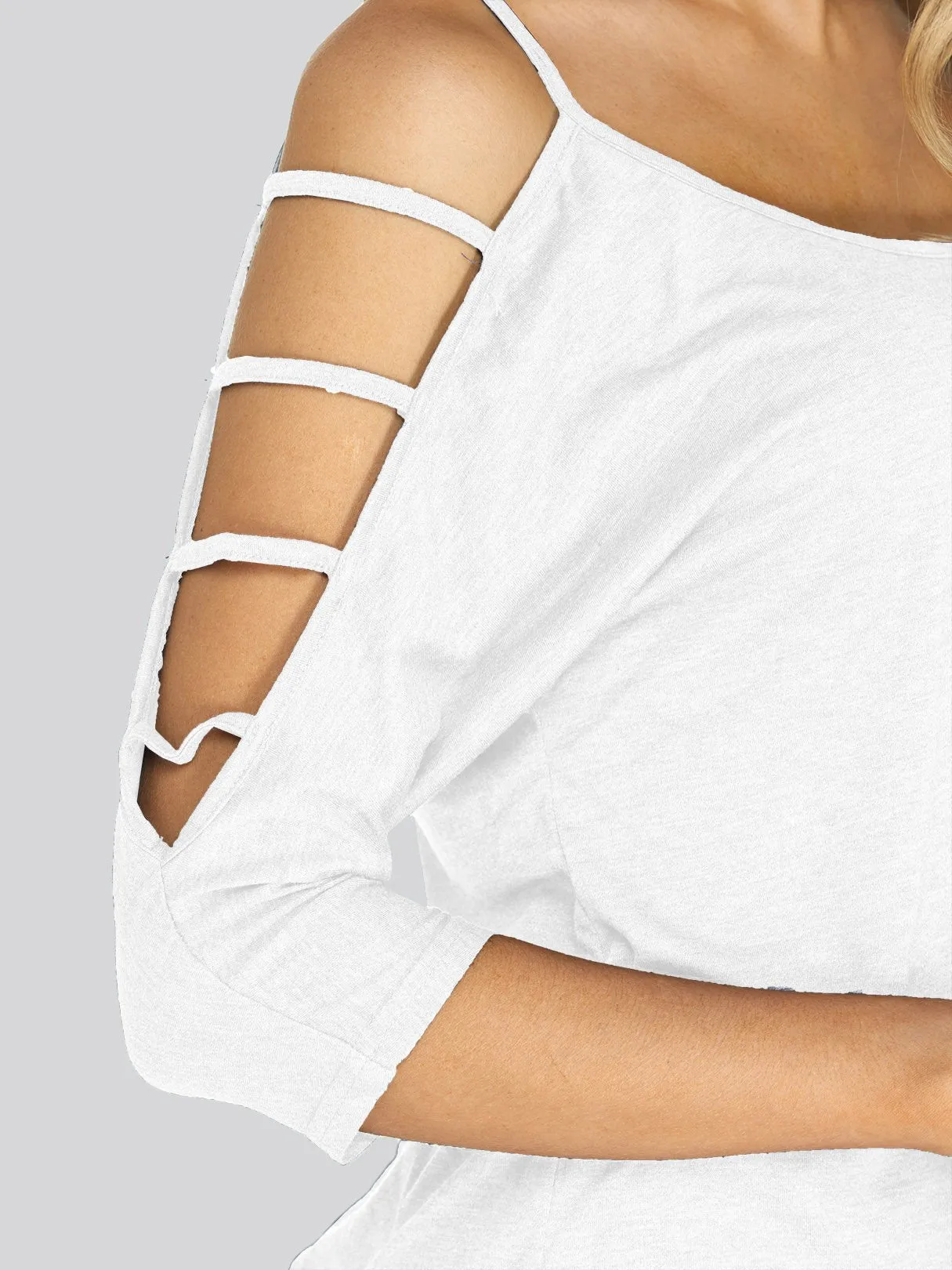 Wholesale Round Neck Cold Shoulder Plain Lace-Up Cut Out 3/4 Length Sleeve T-Shirts