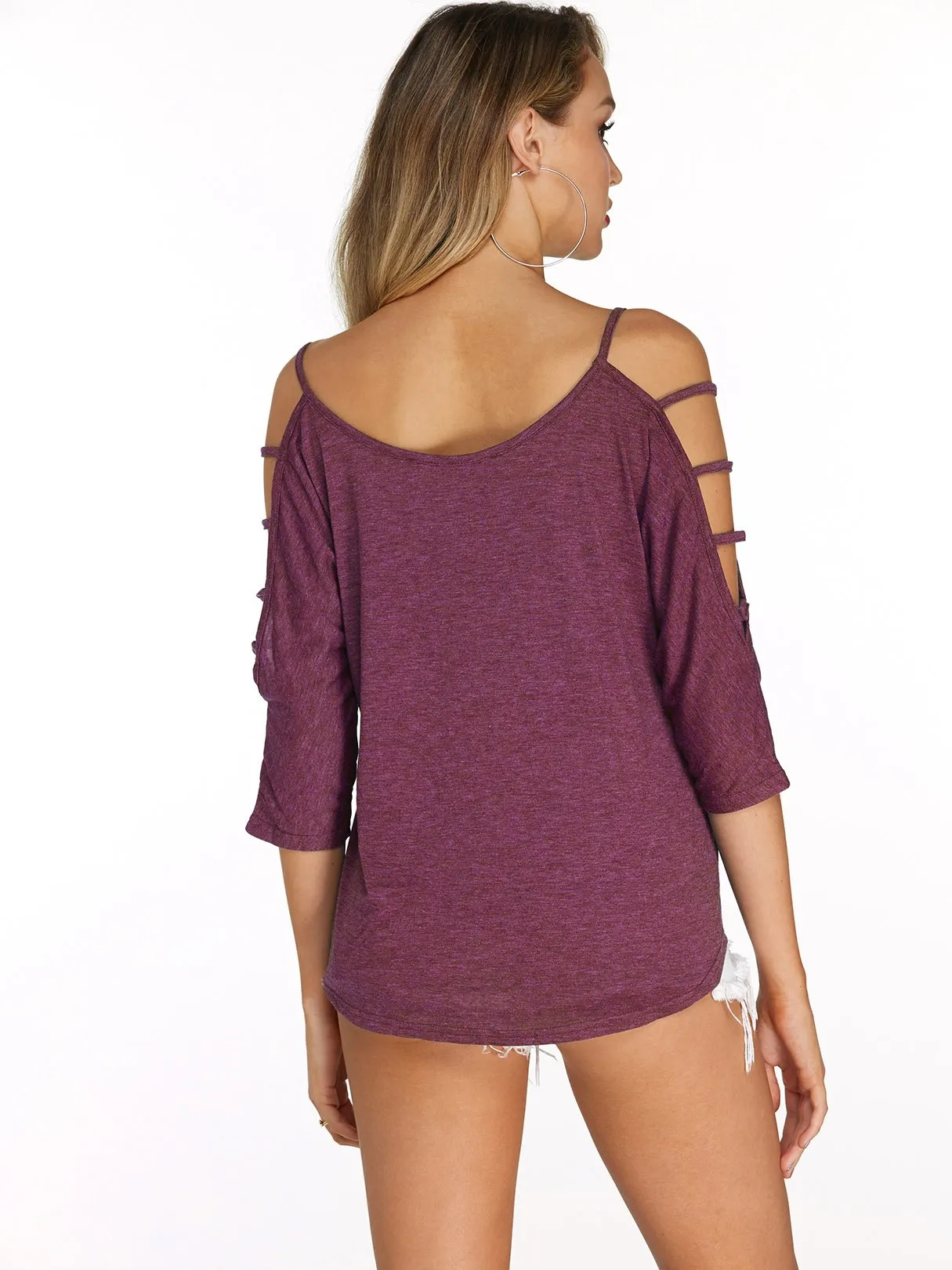 Wholesale Round Neck Cold Shoulder Plain Lace-Up Cut Out 3/4 Length Sleeve T-Shirts