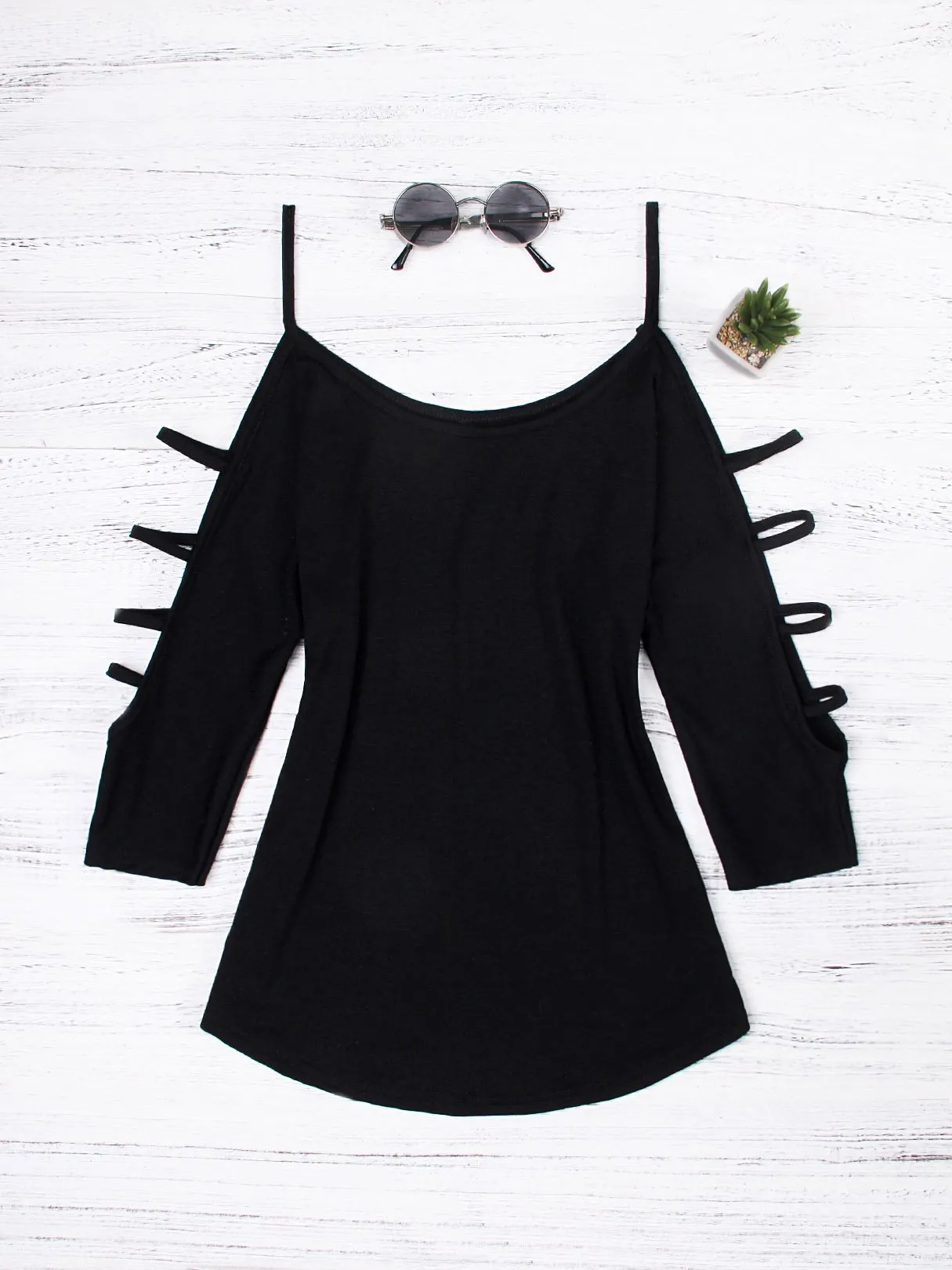 Wholesale Round Neck Cold Shoulder Plain Lace-Up Cut Out 3/4 Length Sleeve T-Shirts
