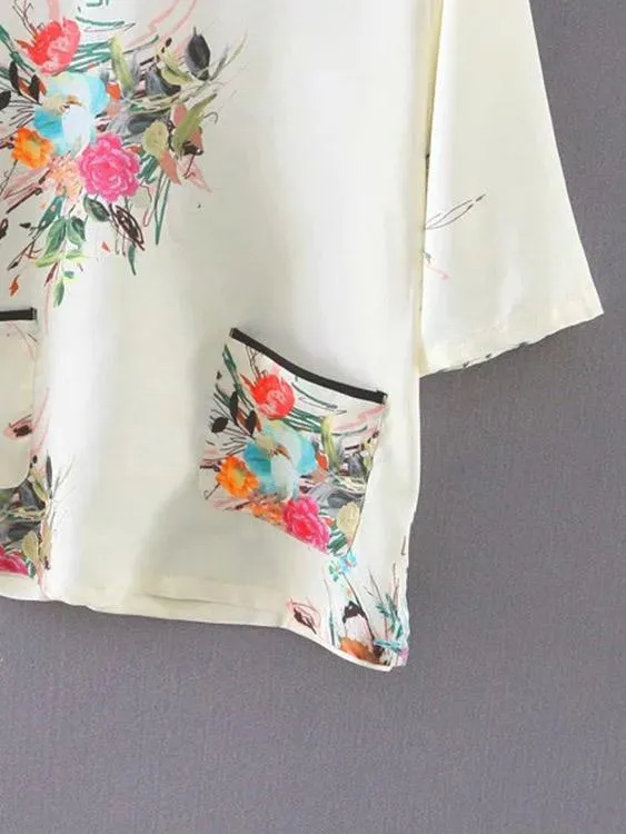 Wholesale Round Neck Floral Print Half Sleeve Slit Hem T-Shirts