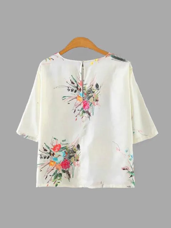 Wholesale Round Neck Floral Print Half Sleeve Slit Hem T-Shirts