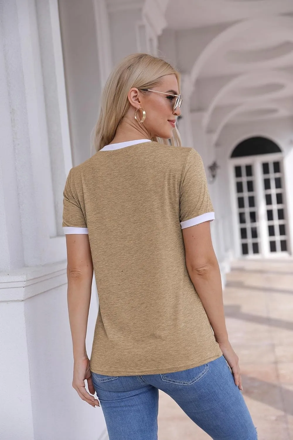 Womens T Shirt Short Sleeve Crew Neck Basic Color Block Tee Tops